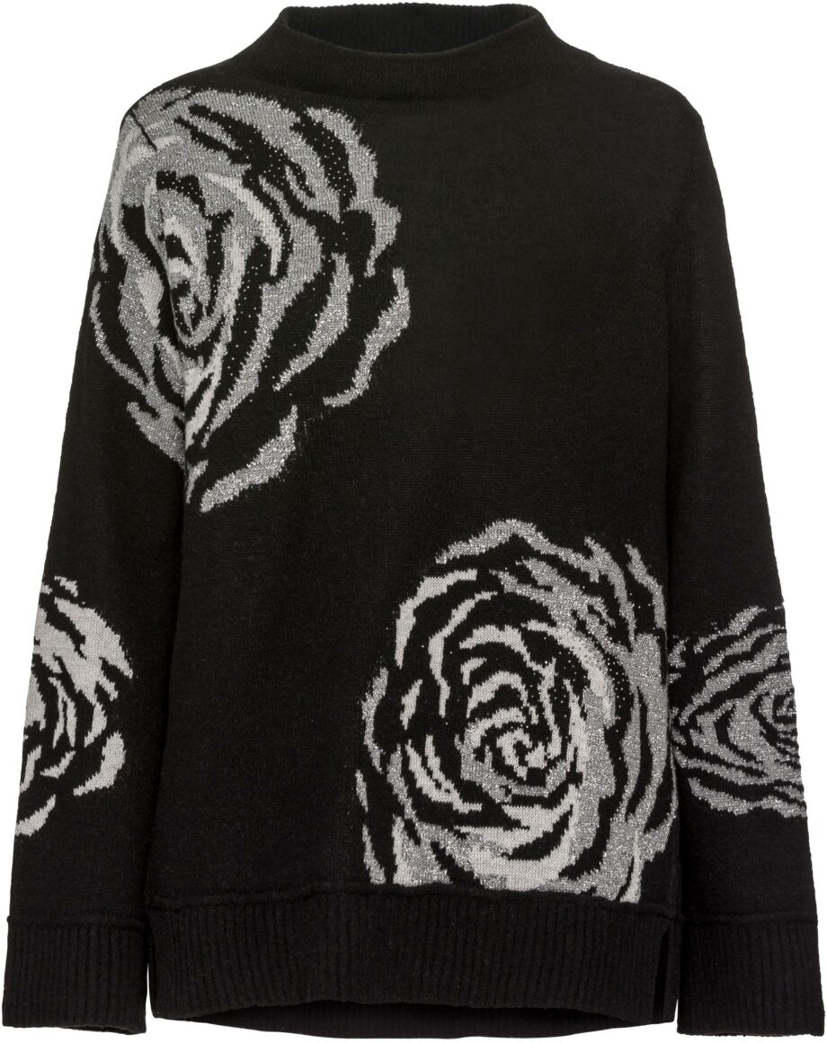 Monari Pullover mit Stehkragen und Blumen Intarsie