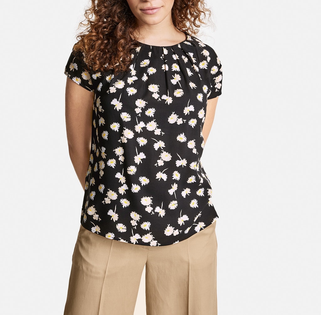 Taifun Kurzarmbluse mit Blumen-Print EcoVero, schwarz gemustert