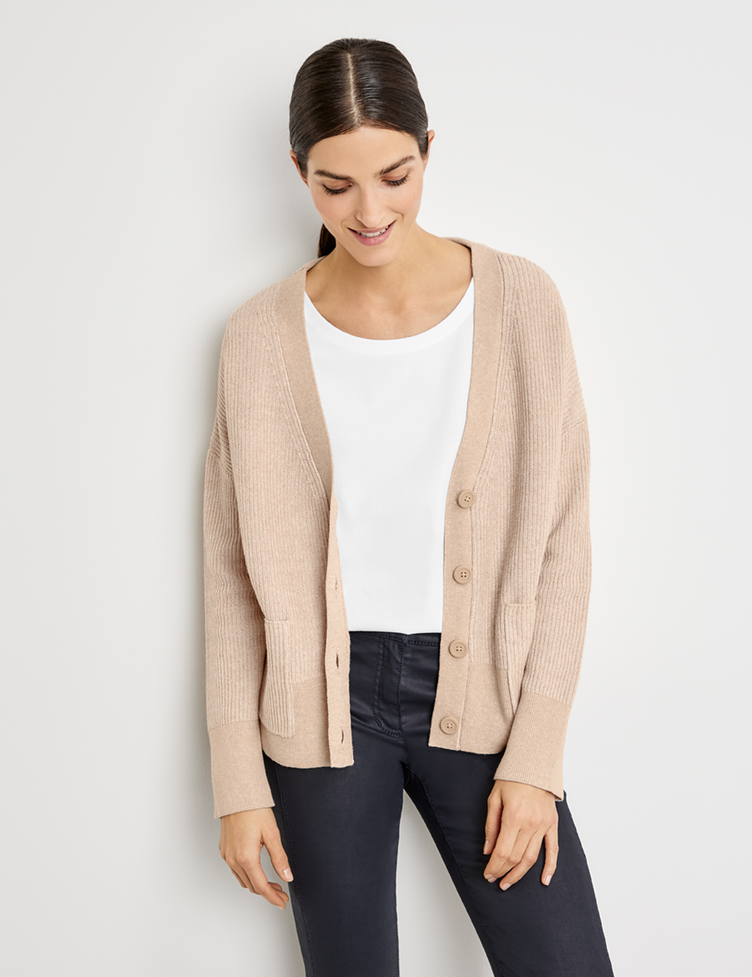 Gerry Weber Strickjacke mit V-Ausschnitt GOTS, beige melange