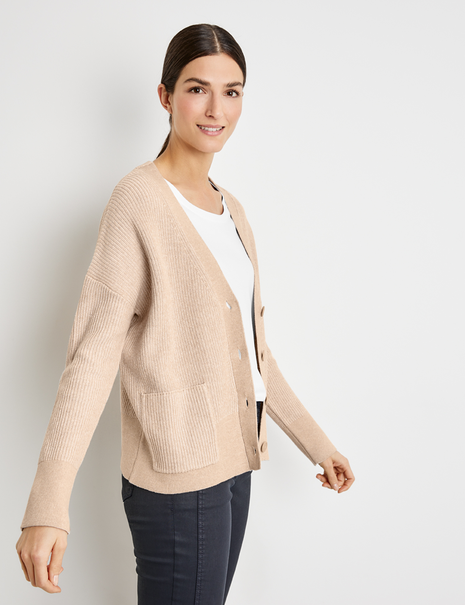 Gerry Weber Strickjacke mit V-Ausschnitt GOTS, beige melange