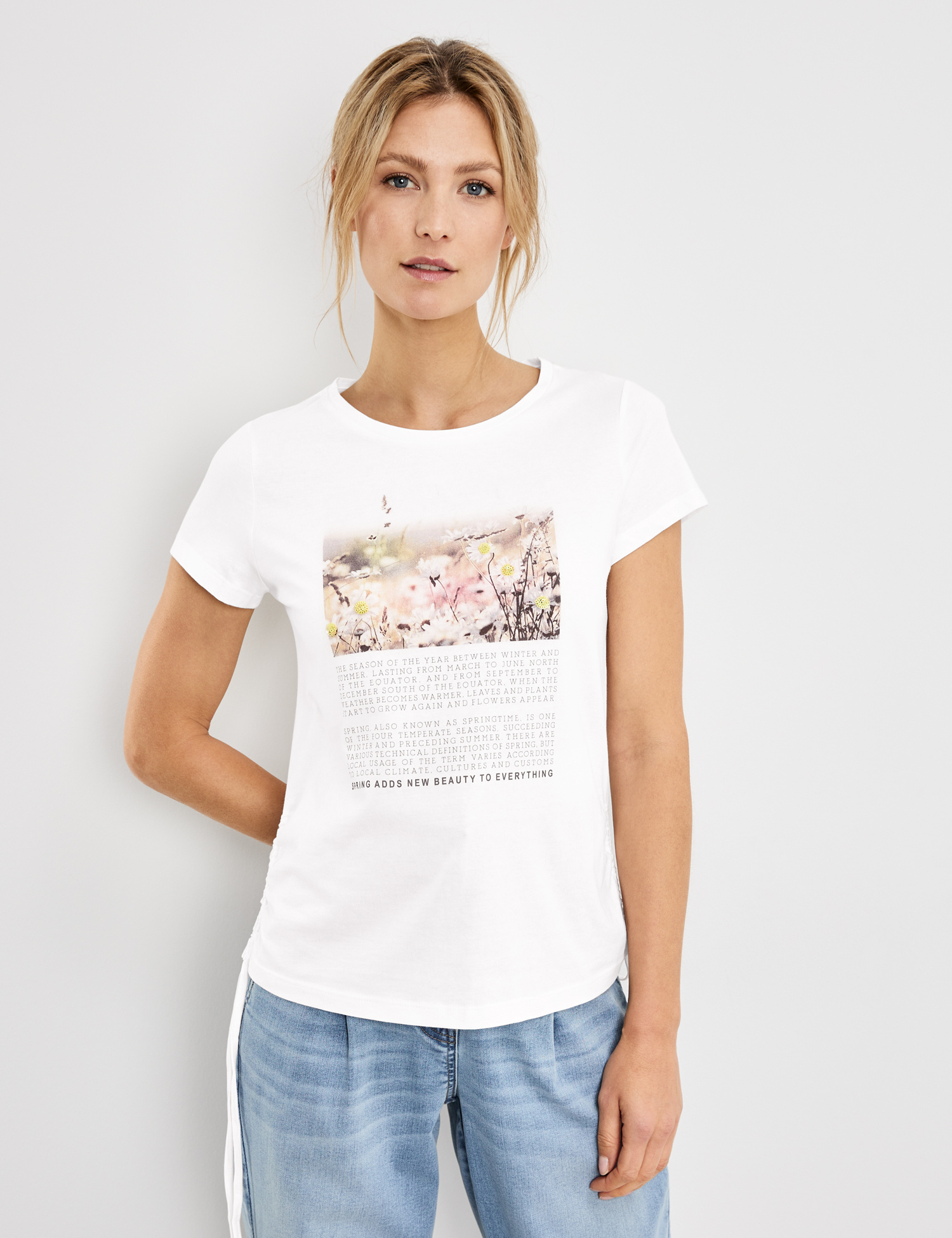 TAIFUN T-Shirt mit seitlichen Raffungen GOTS, offwhite gemustert - Hartmann  Mode Shop