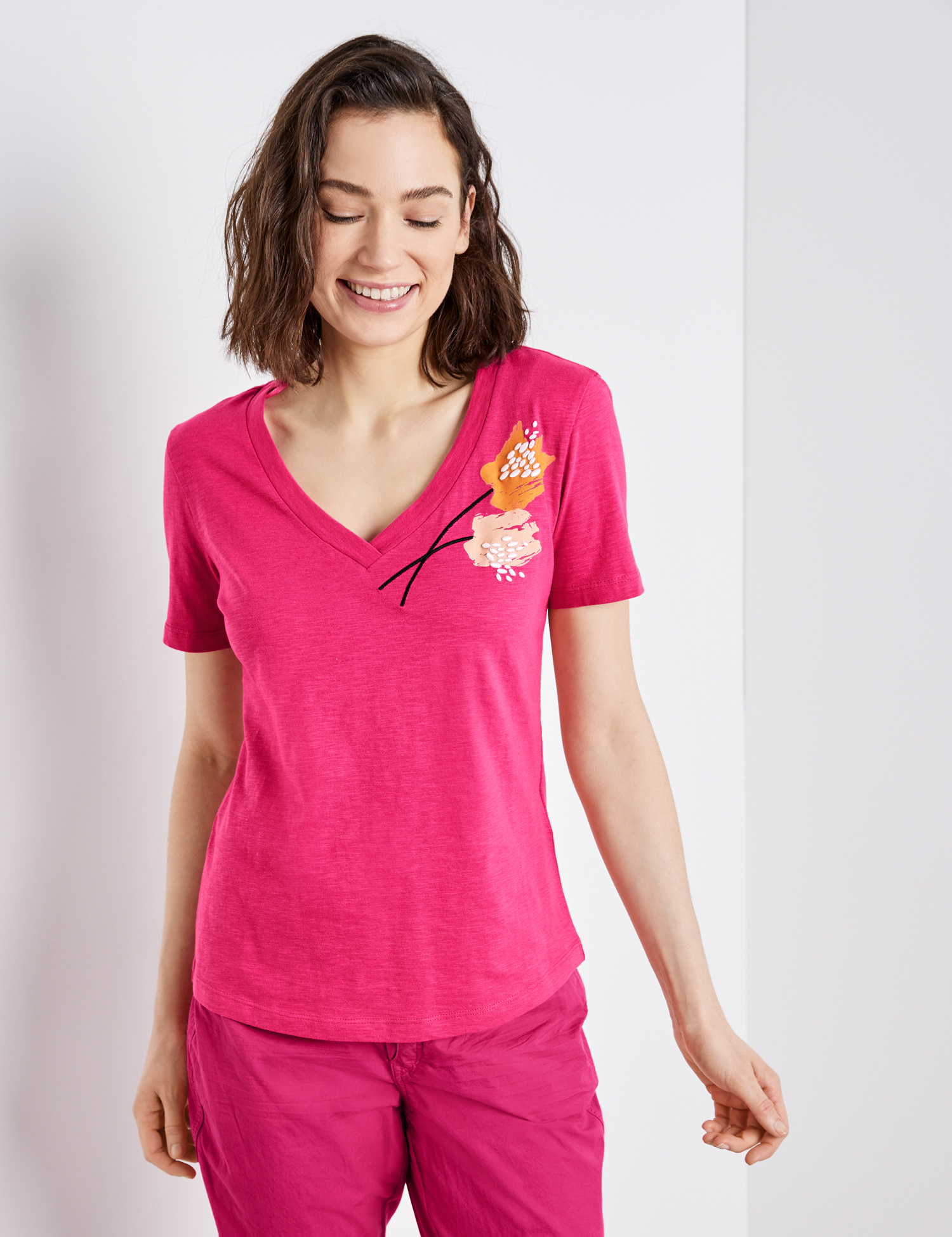 TAIFUN T-Shirt mit Stickerei GOTS, vibrant magnolia gemustert