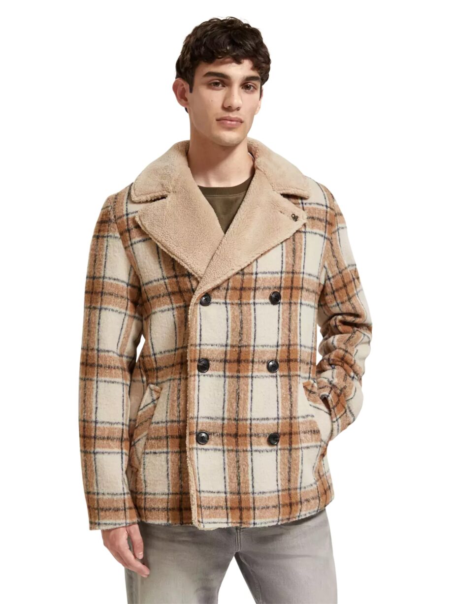 Scotch & Soda Peacoat mit Teddyfuttert, Offwhite Camel Check