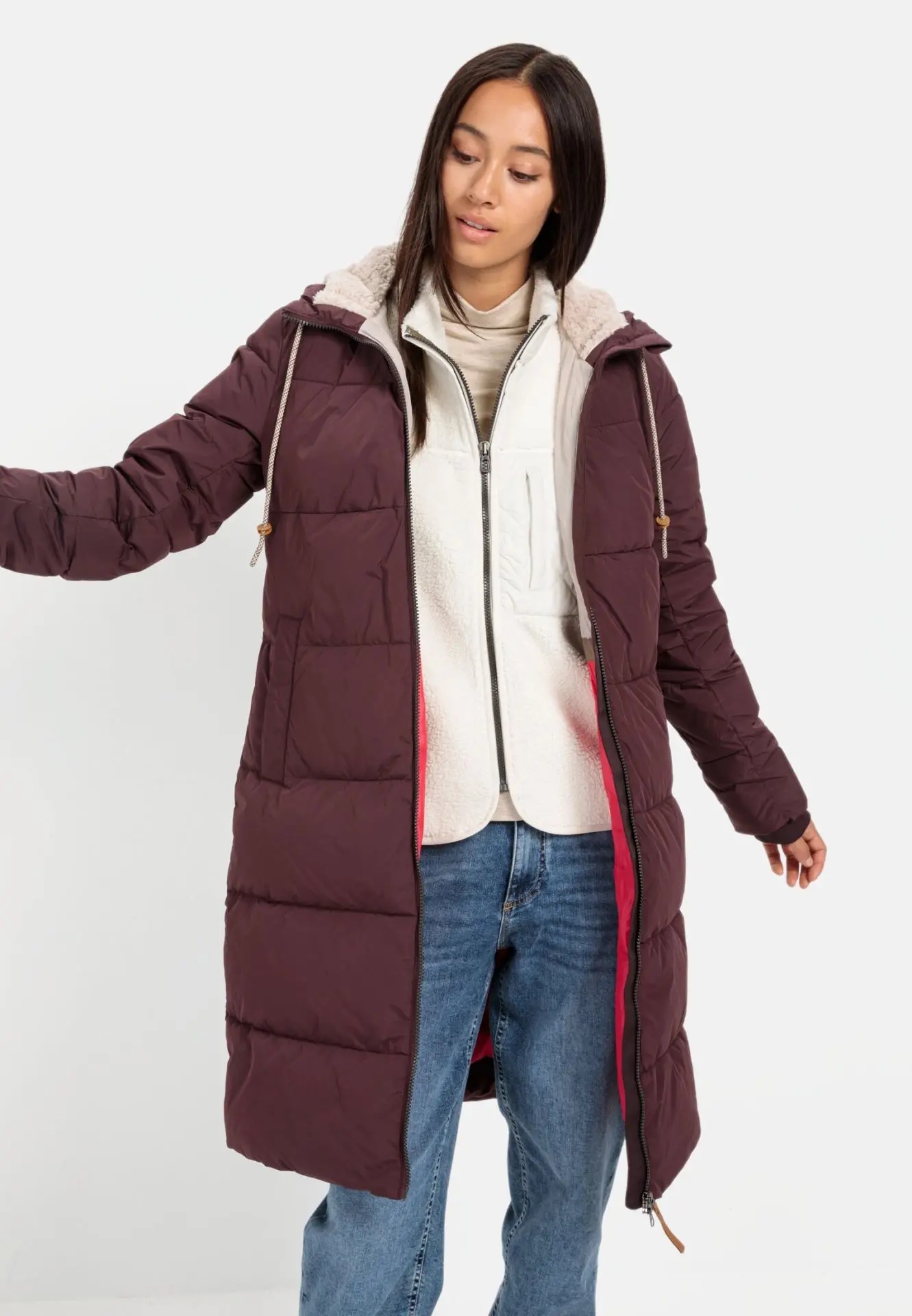 Camel Women Langer Puffermantel mit gefütterter Kapuze