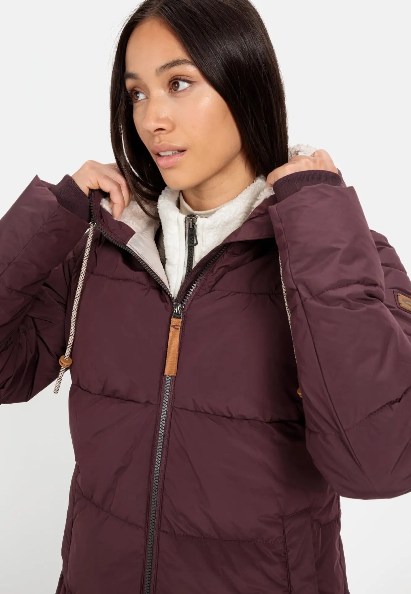 Camel Women Langer Puffermantel mit gefütterter Kapuze