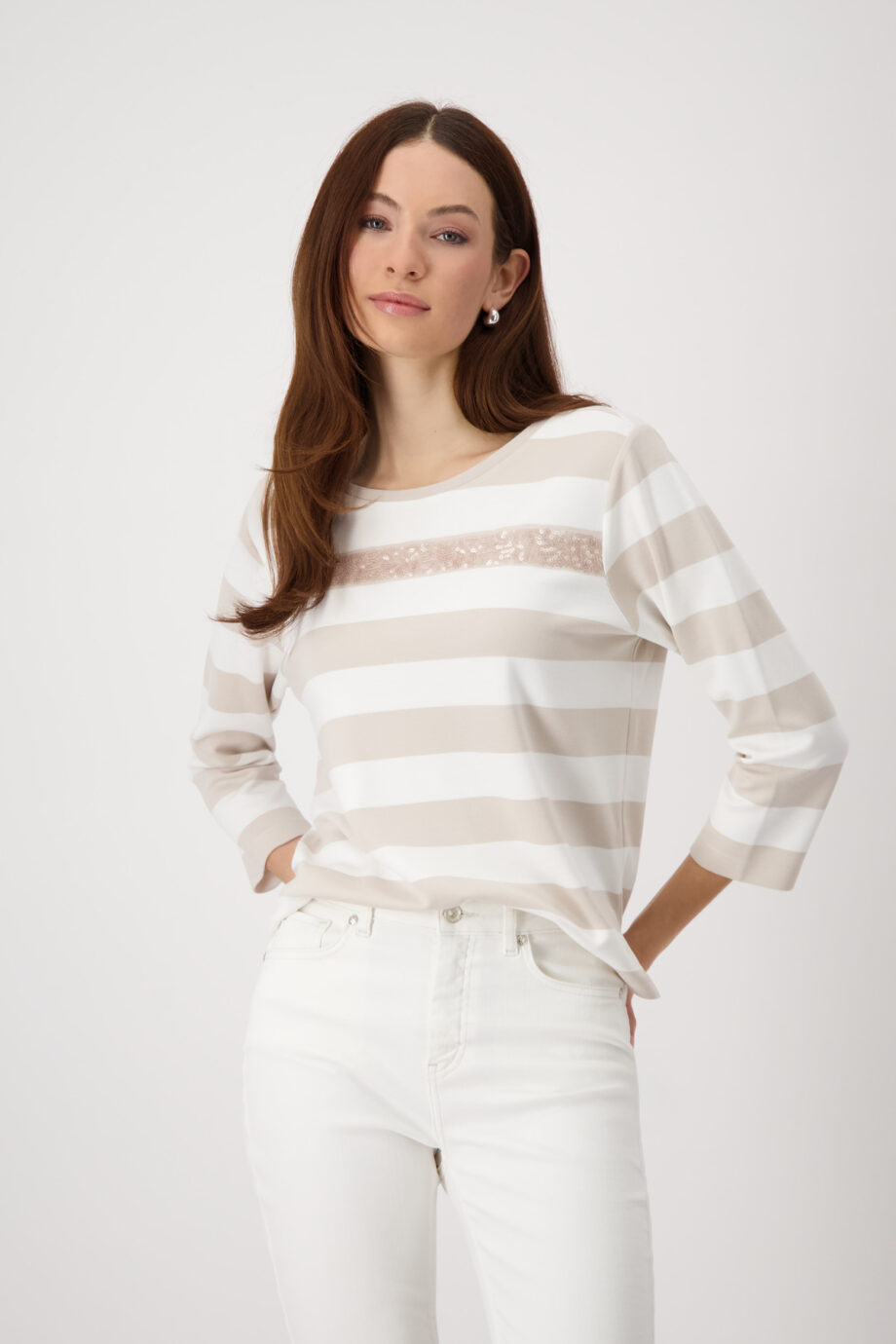 Monari Ringel Sweatshirt mit Pailletten, warm sand Ringel