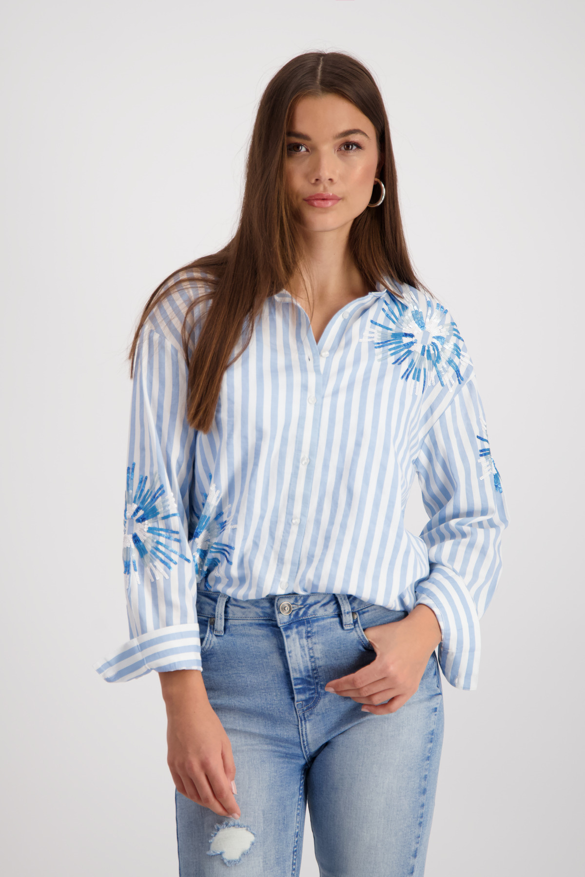 Monari Gestreifte Bluse mit Pailletten, spring water Ringel