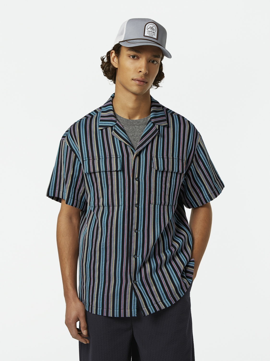 Scotch & Soda Hemd Striped short-sleeved relaxed-fit jacquard shirt, BLACK