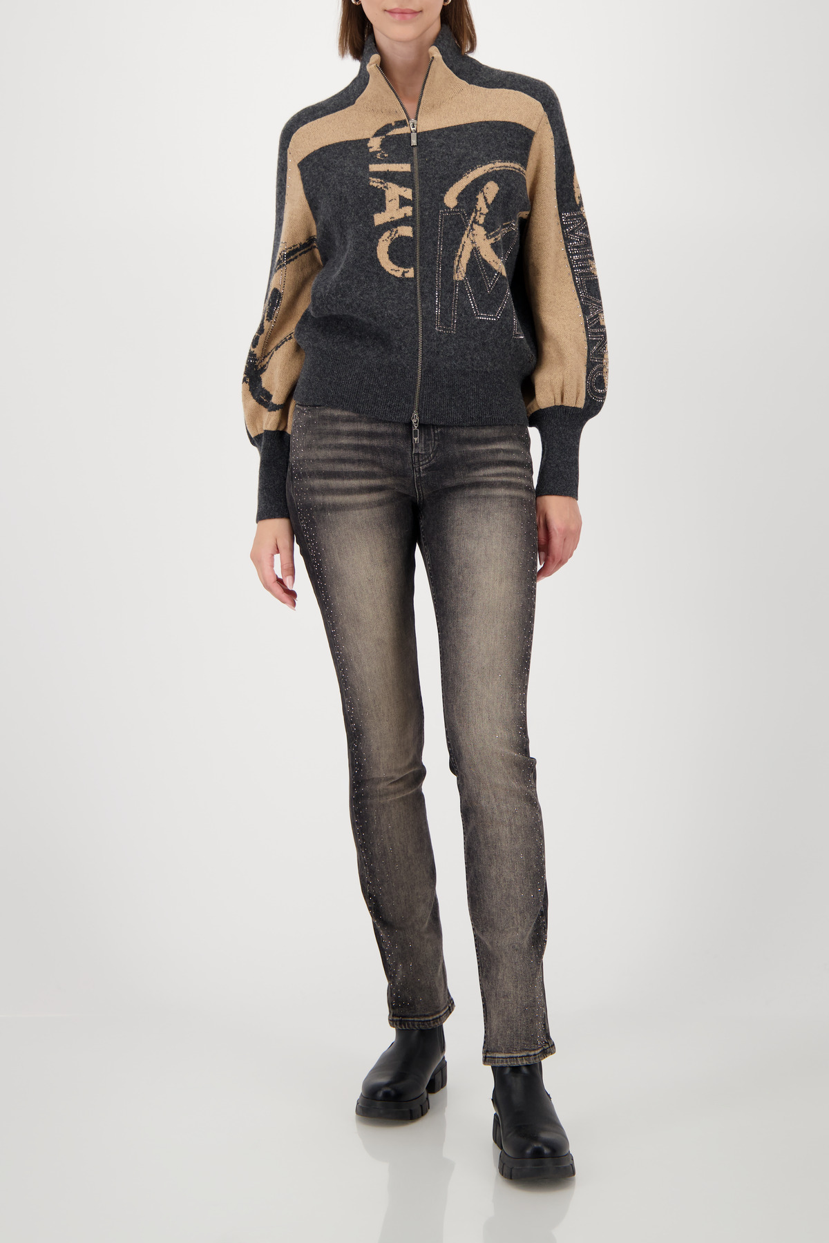 Monari Strickjacke, anthra melange gemustert