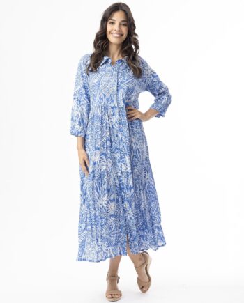Orientique Naturally Aksharay Blaues Midikleid mit Kragen