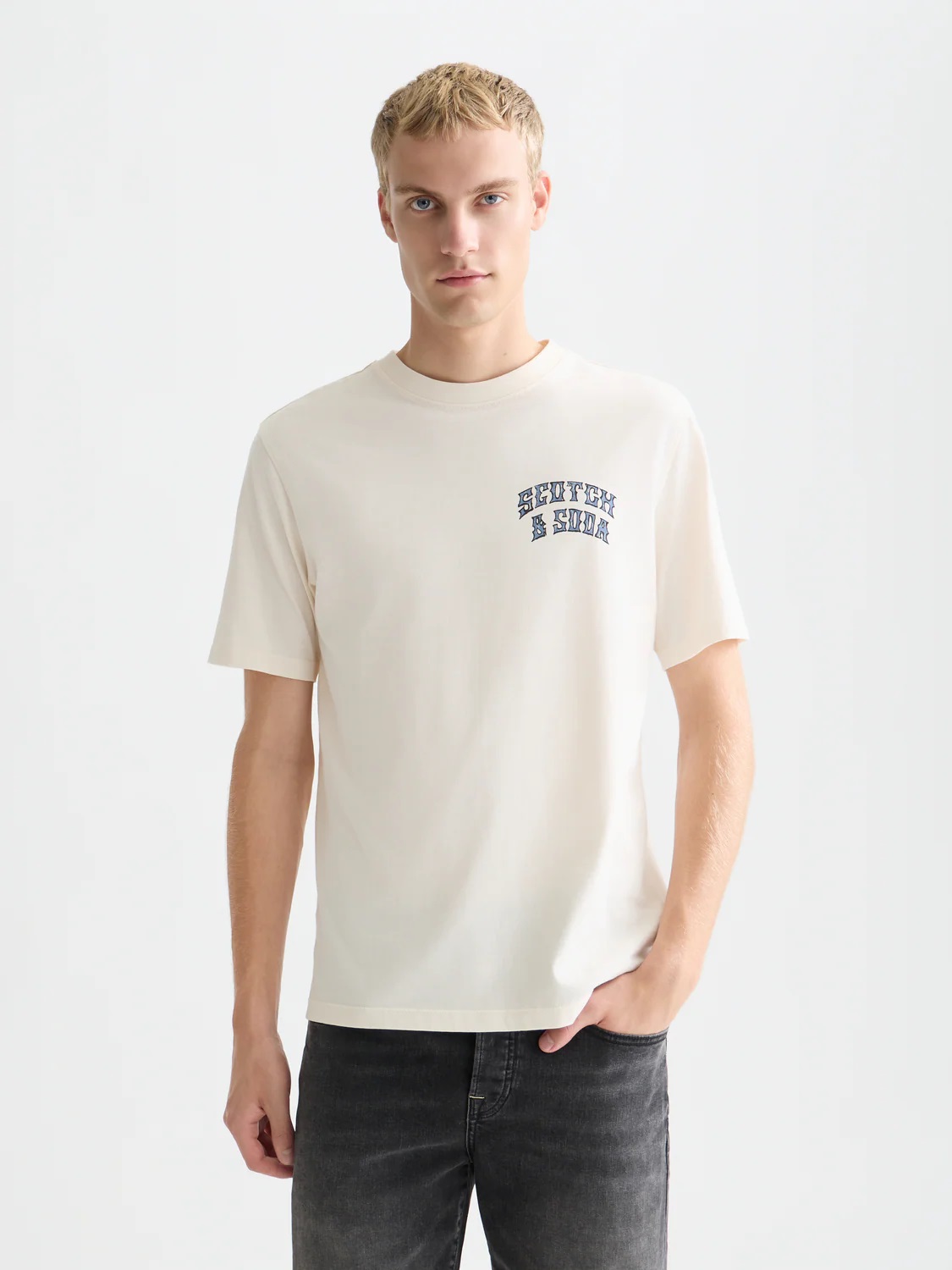 Scotch & Soda T-Shirt mit Grafik auf Vorder- und Rückseite, Regular Fit, Hellbeige